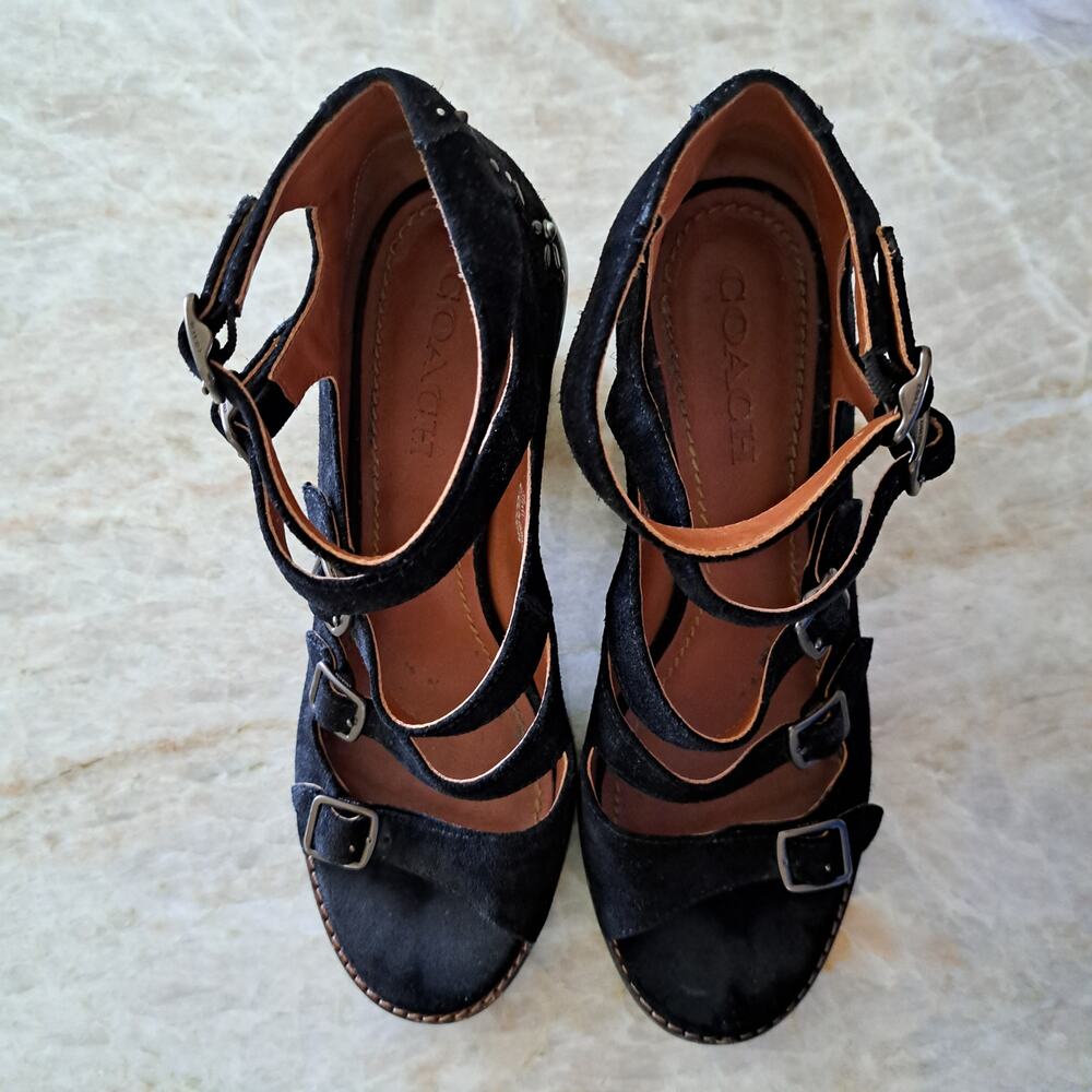 COACH Black Suede Buckle Bootie with Prairie Rivets Size 9 Heels - Picture 9 of 13
